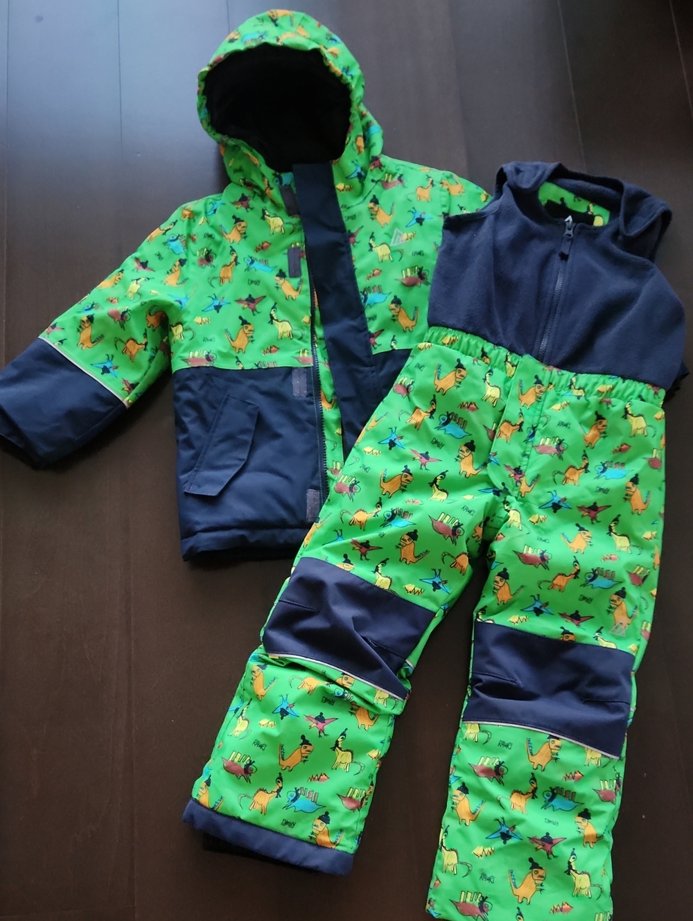 Kids Green Dinosaur Winter Jacket & Bib Pants Set
